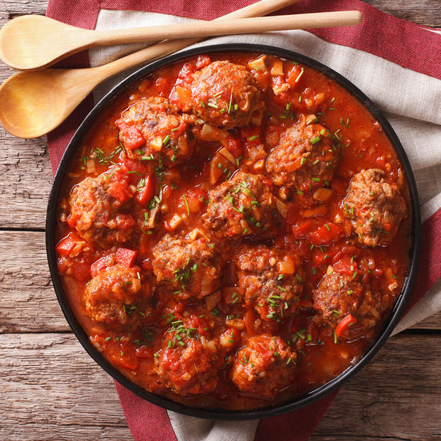 High Quality Organics Express Italian Seasoning meatballs in sauce in pan